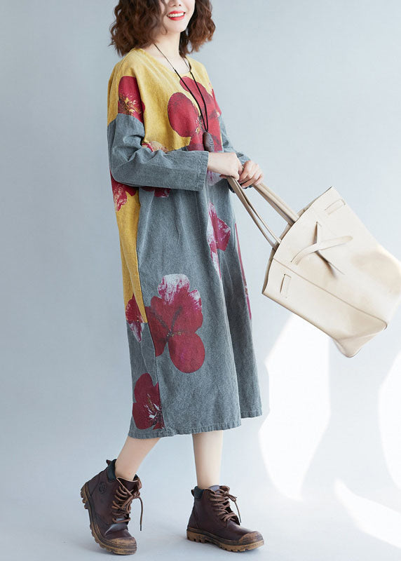 Modern Colorblock O-neck Oversized Patchwork Print Cotton Long Dress Spring