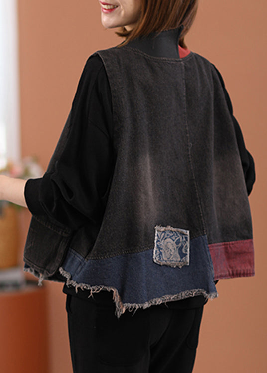 Black O-neck Print Pockets Denim Waistcoat Sleeveless