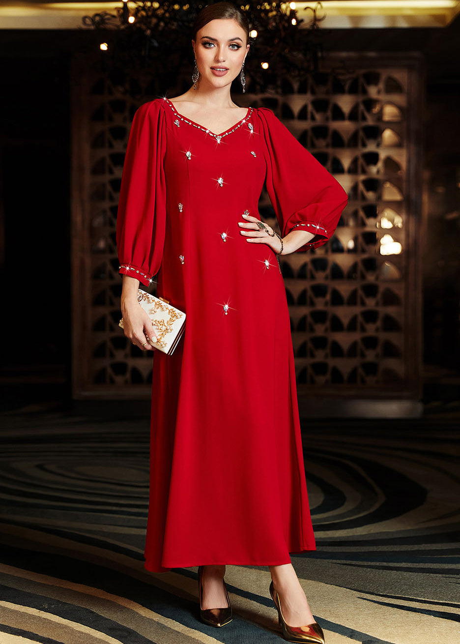 Wine Red V Neck Patchwork Zircon Chiffon Maxi Dress Long Sleeve