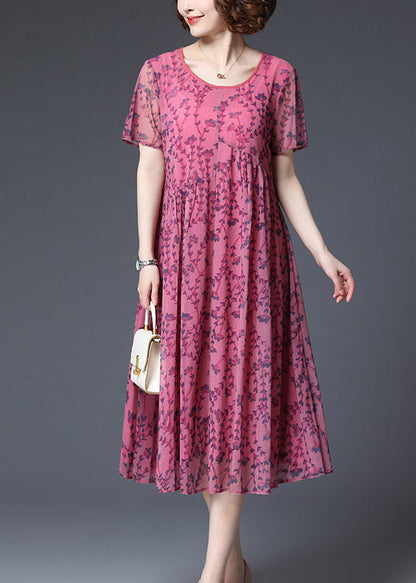 Rose Wrinkled Chiffon Vacation Dress Short Sleeve
