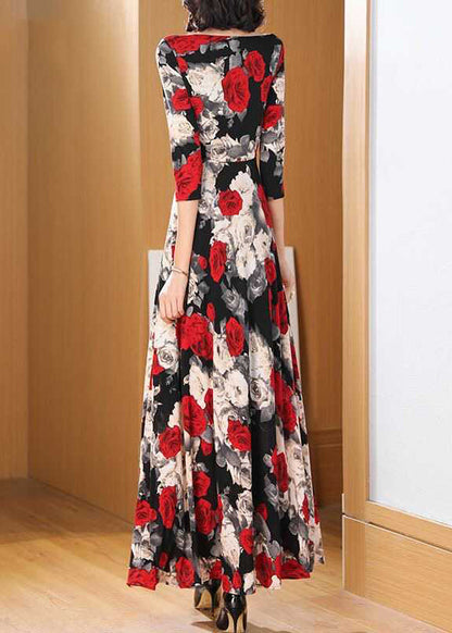 O Neck Print Chiffon Long Dress Bracelet Sleeve