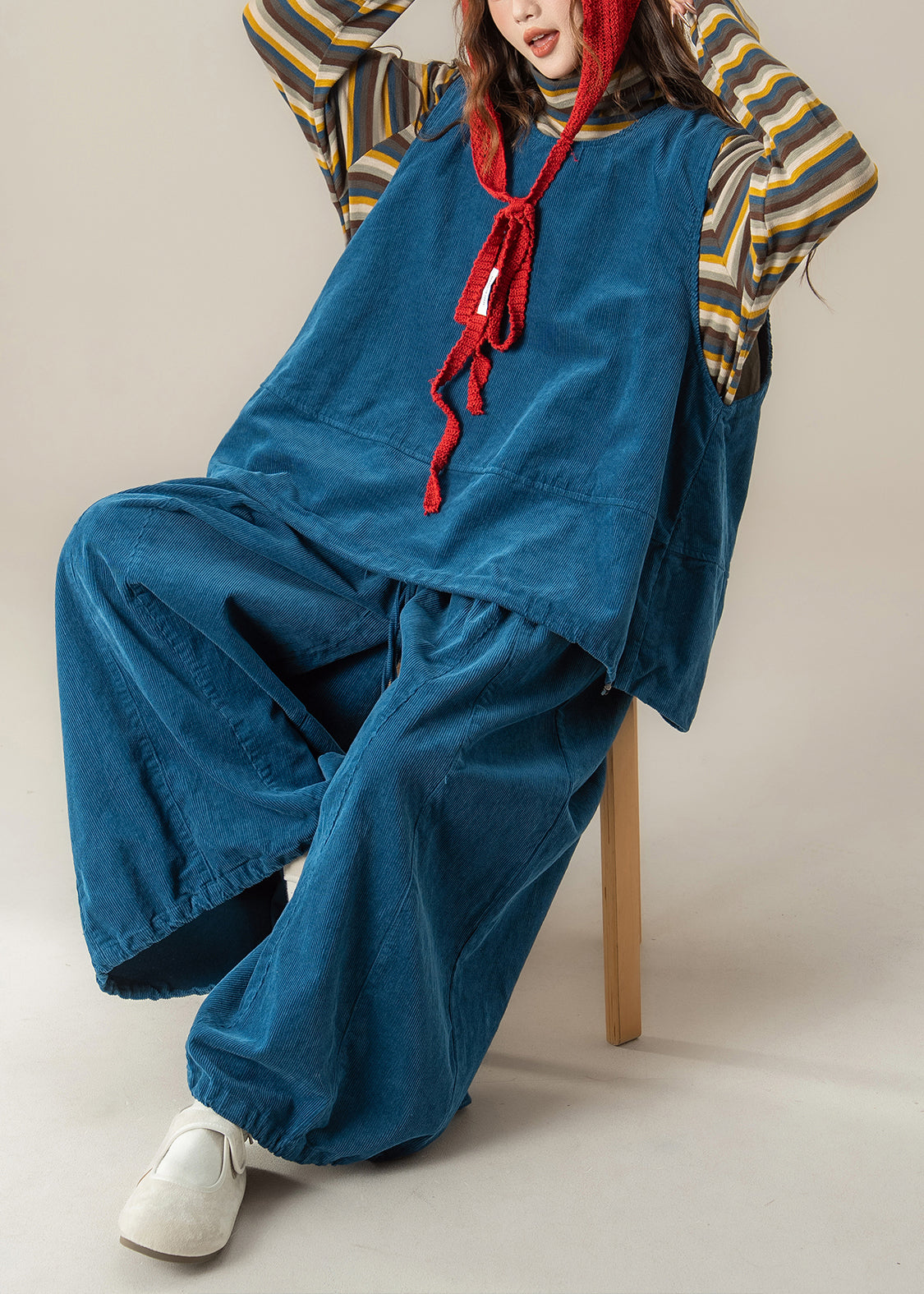 Handmade Blue O Neck Vest T Shirt Pants Corduroy Sets 3 Pieces Spring