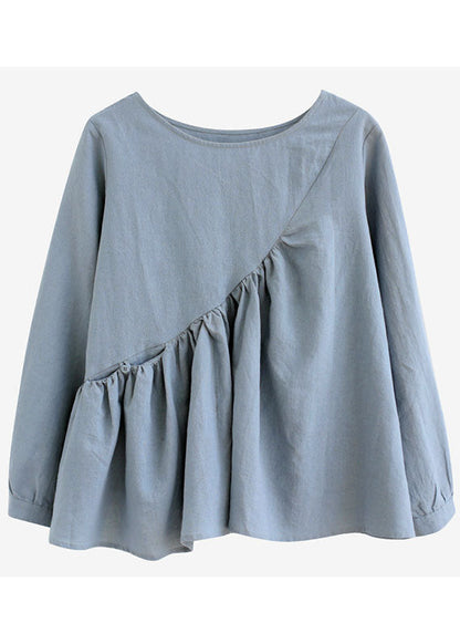 Loose Blue O-neck Pockets Patchwork Fall Long Sleeve Top