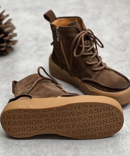 Chocolate Cowhide Leather Boots Zippered Lace Up Mountaineering Boots