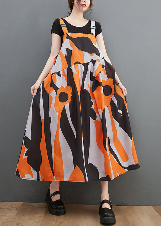 Orange Print Patchwork Long Spaghetti Strap Dresses Ruffles Summer