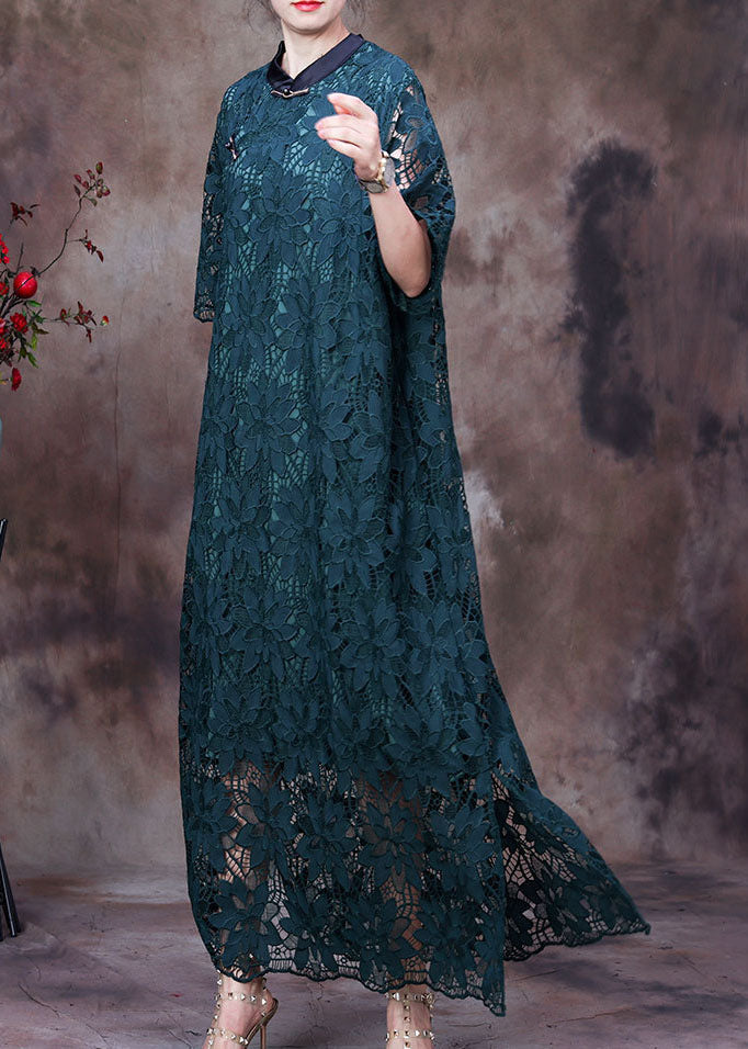 Green Button Embroideried Side Open Lace Long Dress Half Sleeve