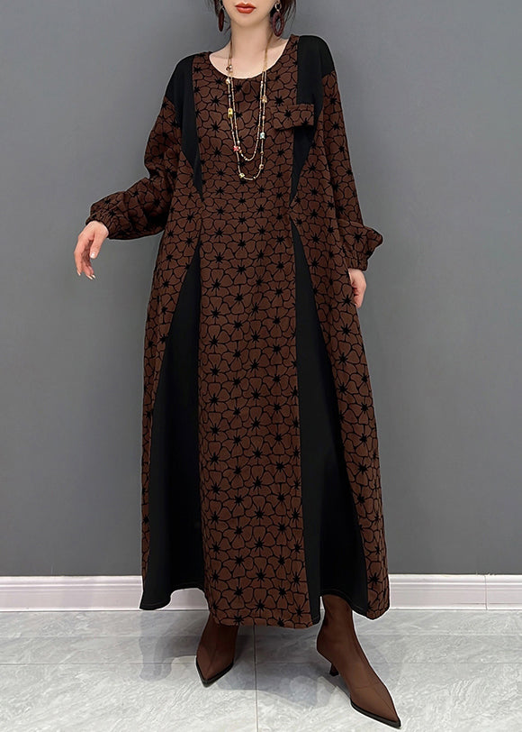 Brown O Neck Wrinkled Print Patchwork Cotton Long Dresses Fall
