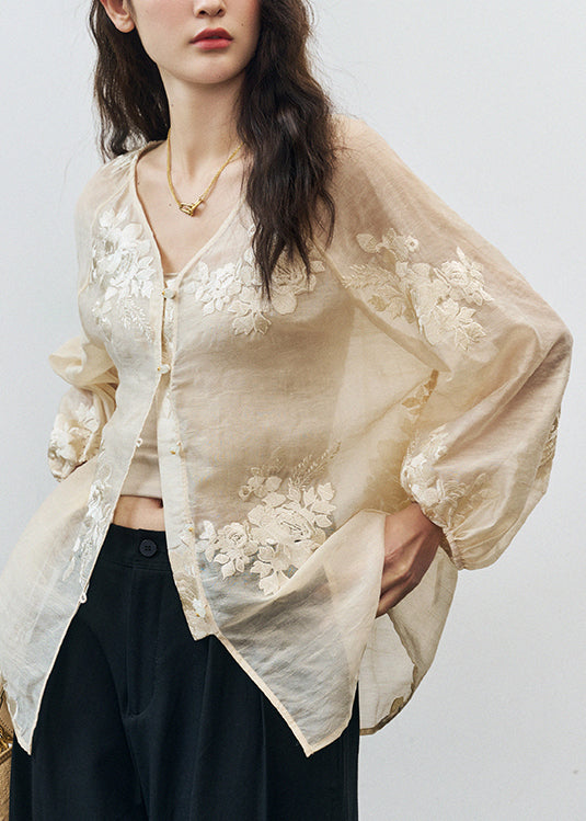 Beige V Neck Embroidered Silk Blouse Tops Fall