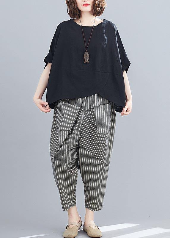 Summer Black Linen Bat Short Sleeve Top + Stripe Nine Point Harlem Pants