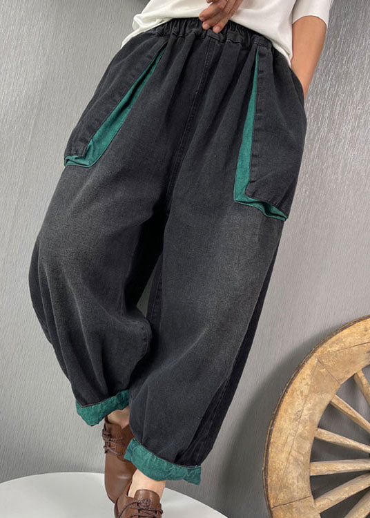 Classy Black Elastic Waist Pockets Denim Pants Spring