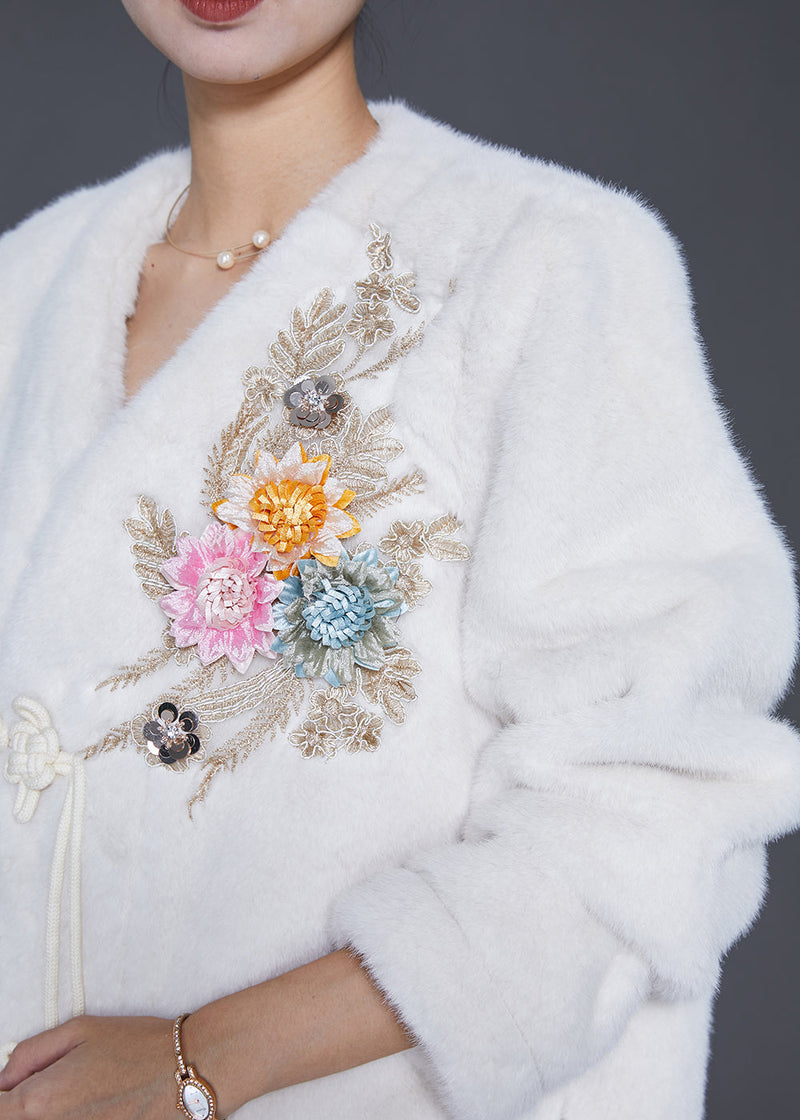 White Chinese Button Faux Fur Jackets Winter