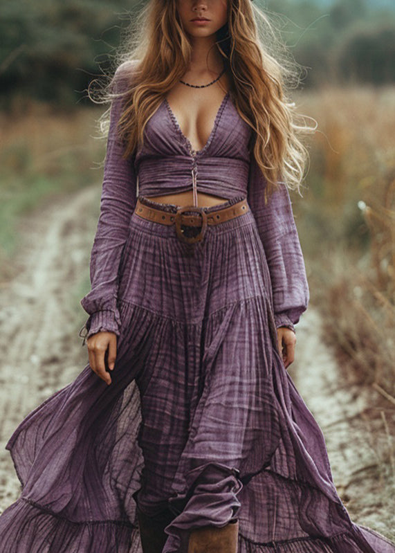 Purple V Neck Hollow Out Wrinkled Cotton Maxi Dress Spring