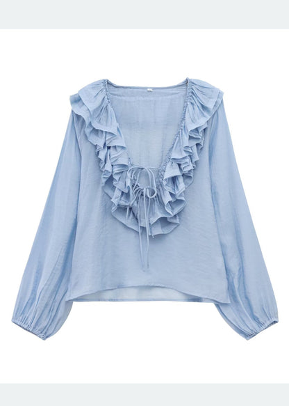 Sky Blue Ruffled Cotton Shirt Tops Summer
