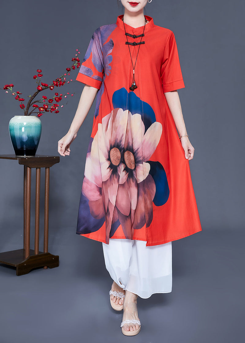 Red Chinese Button Print Silk Two Pieces Set Summer