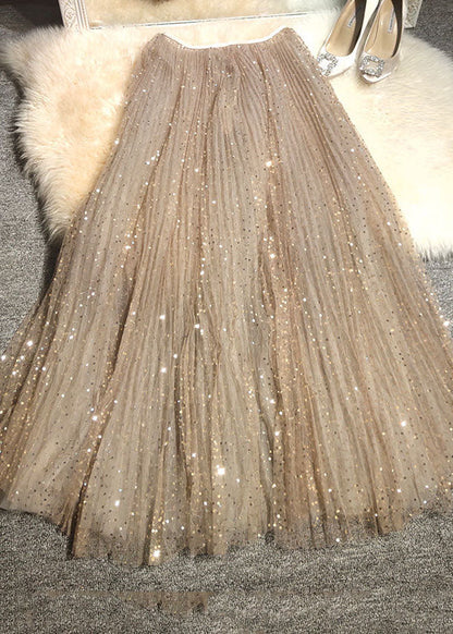 Khaki Embroideried Sequins Tulle a Line Skirt Spring