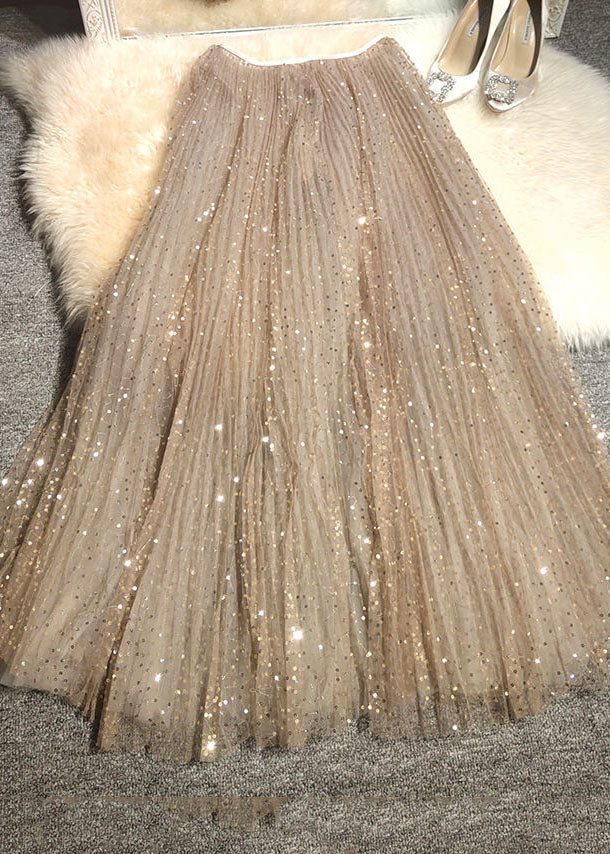 Khaki Embroideried Sequins Tulle a Line Skirt Spring