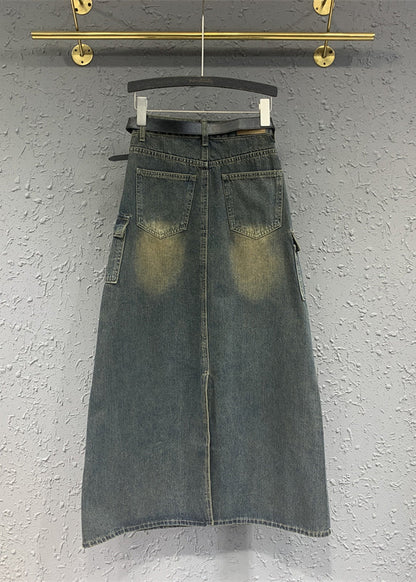 Fitted Blue High Waist Design Pockets Patchwork Denim Skirts Spring