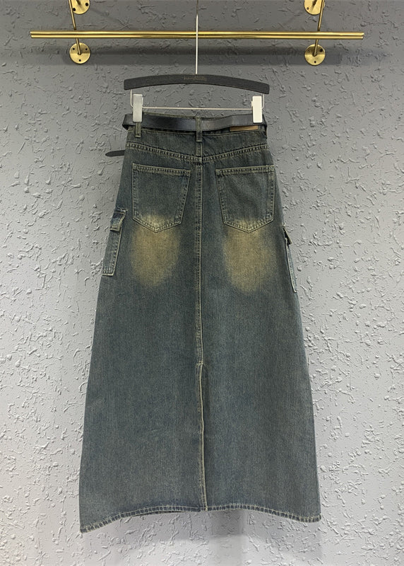 Fitted Blue High Waist Design Pockets Patchwork Denim Skirts Spring