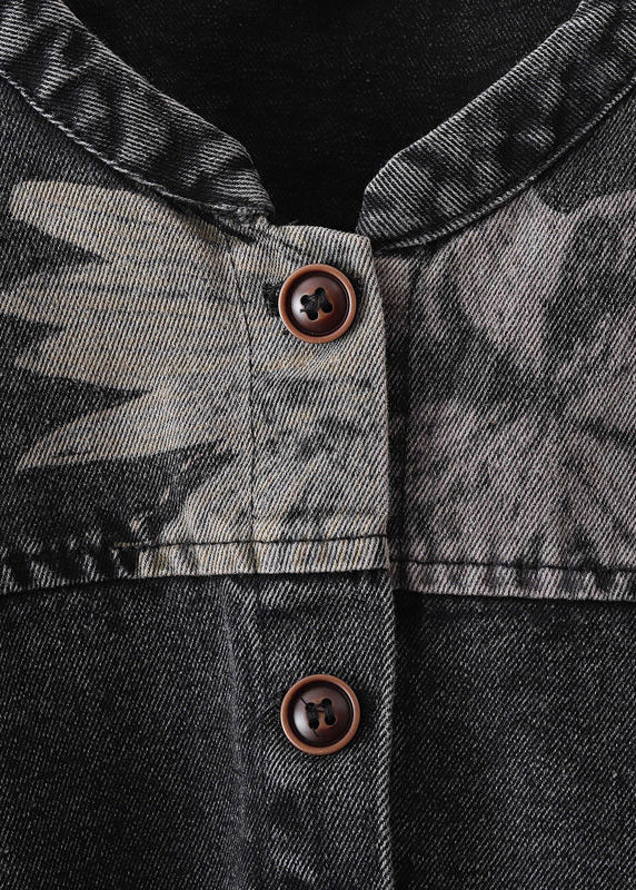 Black O-neck Print Pockets Button Denim Waistcoat Sleeveless
