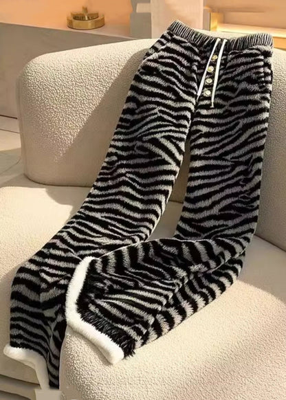Zebra Pattern Lace Up Elastic Waist Fluffy Pants Spring