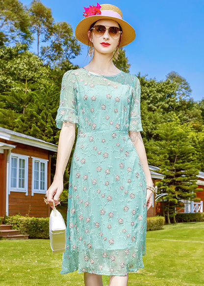 Light Green O-neck Embroideried Silk Mid Dresses Short Sleeve