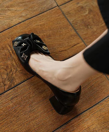 Black Bow Loafers for Chunky Heel Faux Leather