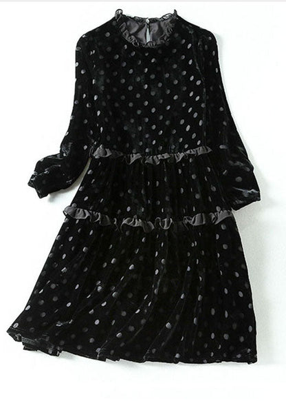 Black Dot Print Patchwork Velour Dress Spring