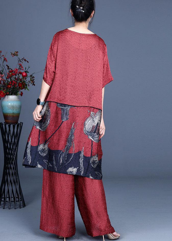 Blue Patchwork Print Long Clothes Wide Leg Two Pieces Set