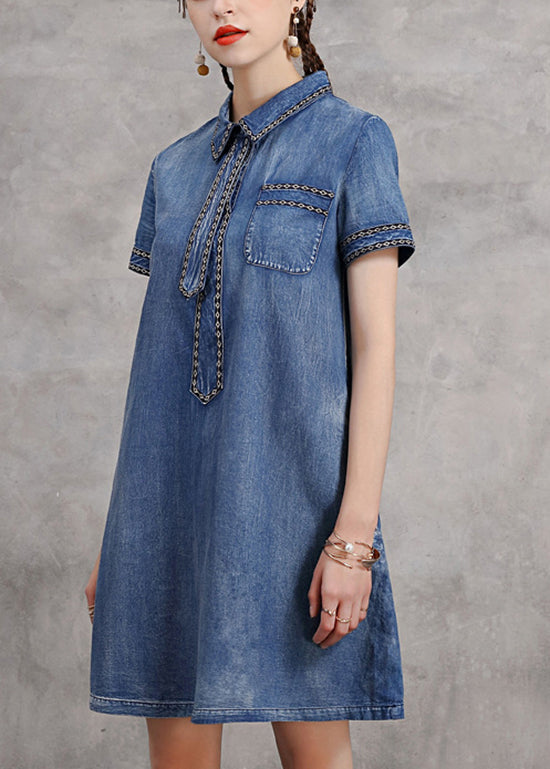 Blue Peter Pan Collar Necktie Embroideried Cotton Denim Dresses Short Sleeve