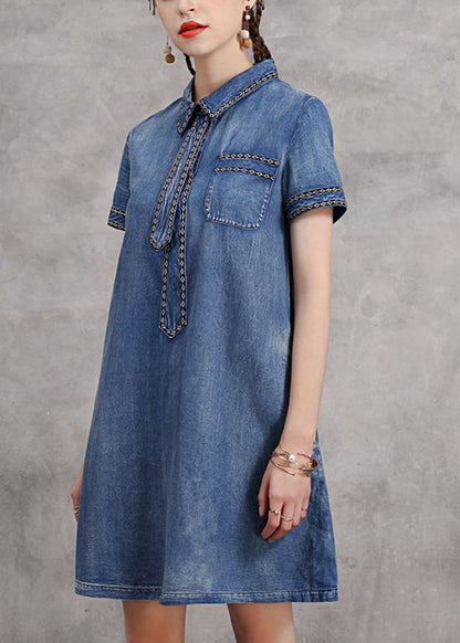 Blue Peter Pan Collar Necktie Embroideried Cotton Denim Dresses Short Sleeve