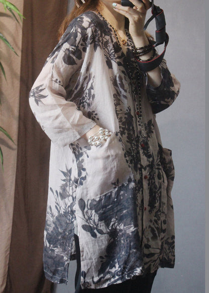 Art Grey V Neck Button Side Open Pockets Print Linen Shirt Top Summer
