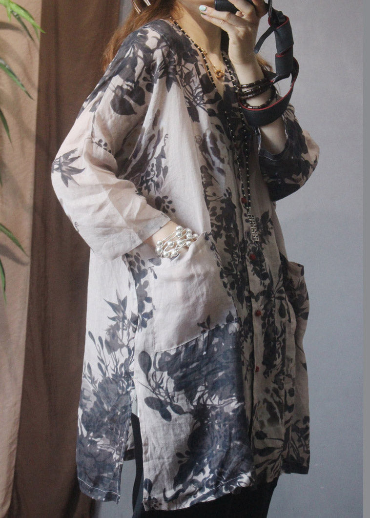Art Grey V Neck Button Side Open Pockets Print Linen Shirt Top Summer