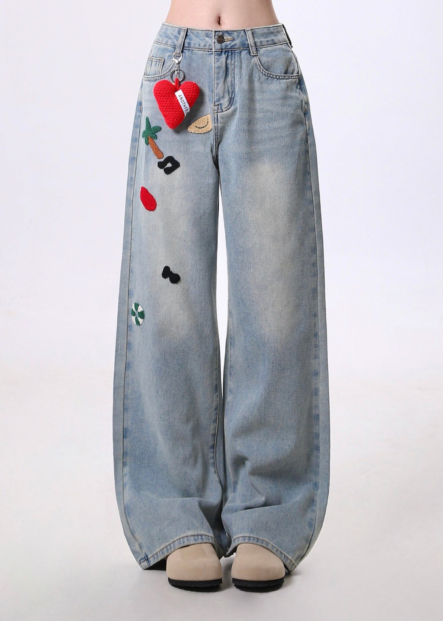 Blue Embroidered Pockets Denim Pants Spring