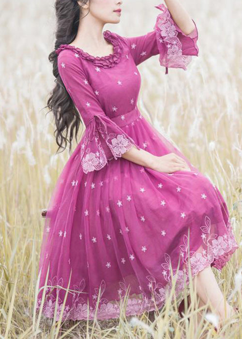 Rose Ruffled Embroideried Lace Up Tulle Dresses Flare Sleeve