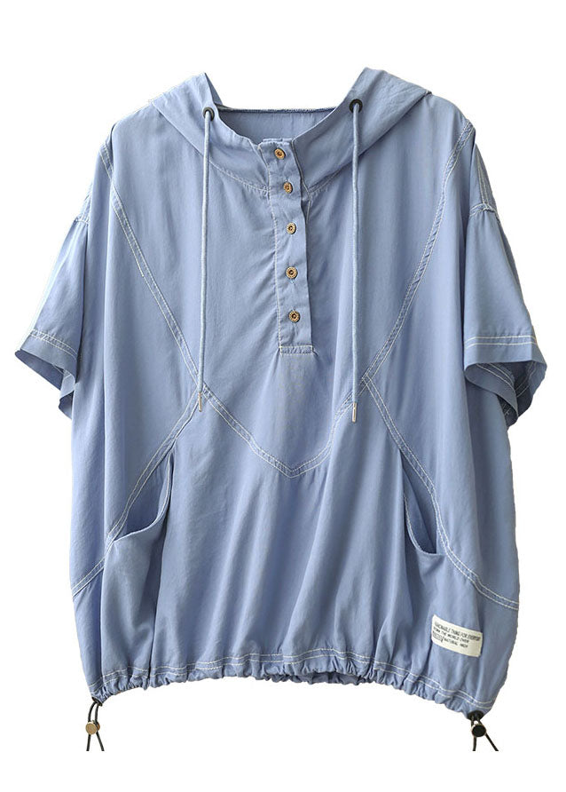 Simple Light Blue Drawstring Hooded Cotton Sweatshirt Short Sleeve