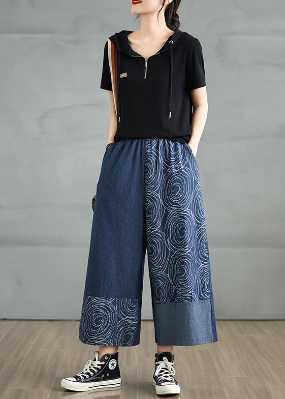 Navy Asymmetrical Print Denim Pants Summer