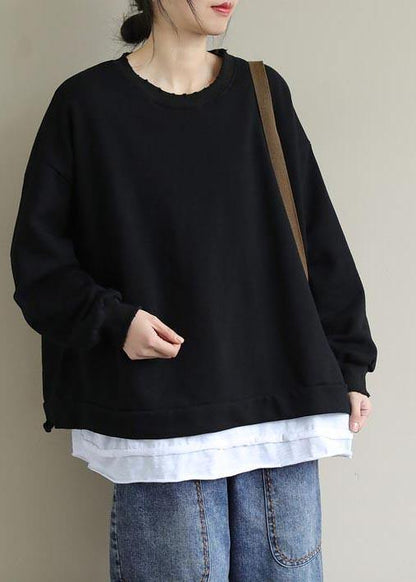 Unique Black Tunic Pattern O Neck False Two Pieces Short Spring Blouses