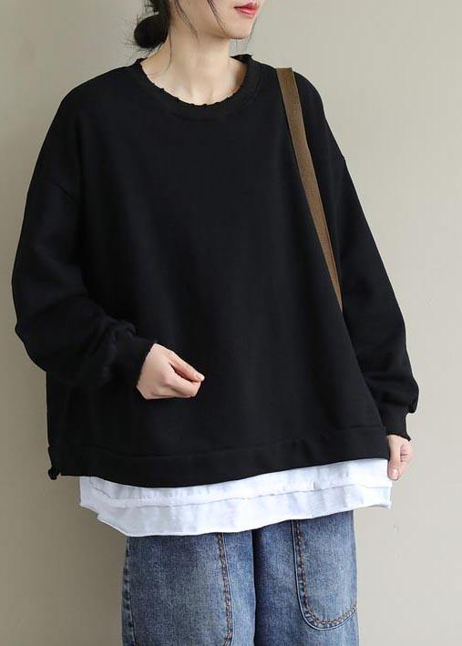 Unique Black Tunic Pattern O Neck False Two Pieces Short Spring Blouses