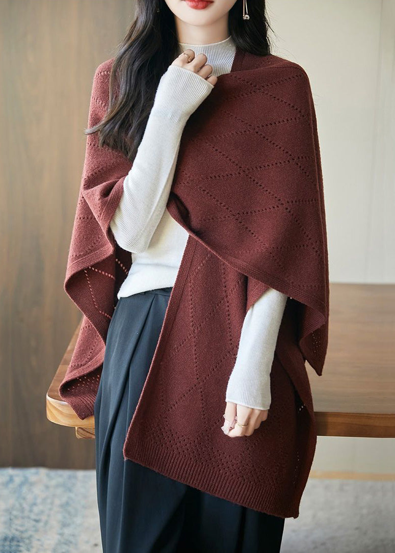 Art Red Hollow Out Knit Shawl Sweater Fall