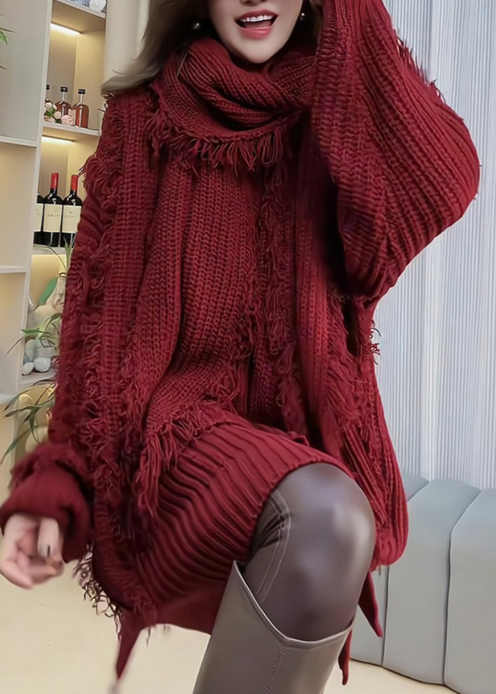 Red Tassel Patchwork Knitted Sweaters Spring