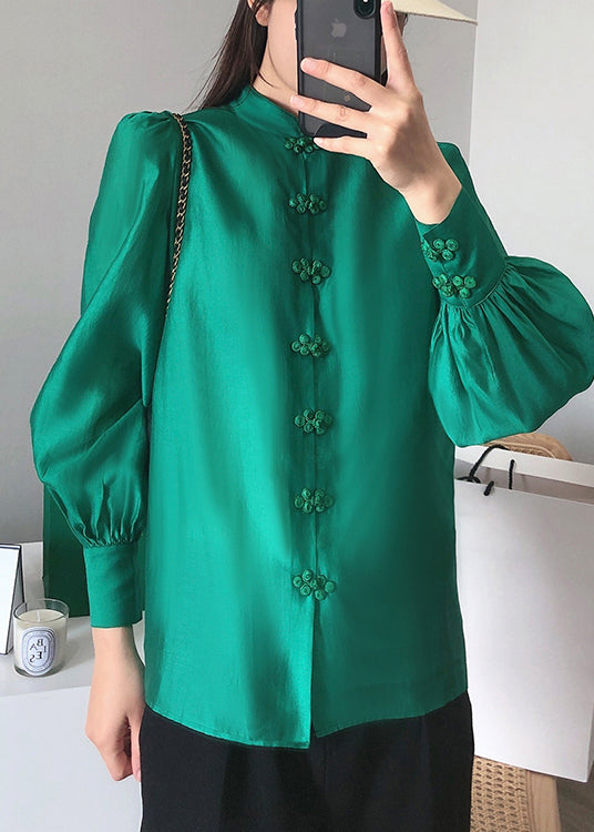 Green Stand Collar Chinese Button Silk Blouse Top Long Sleeve