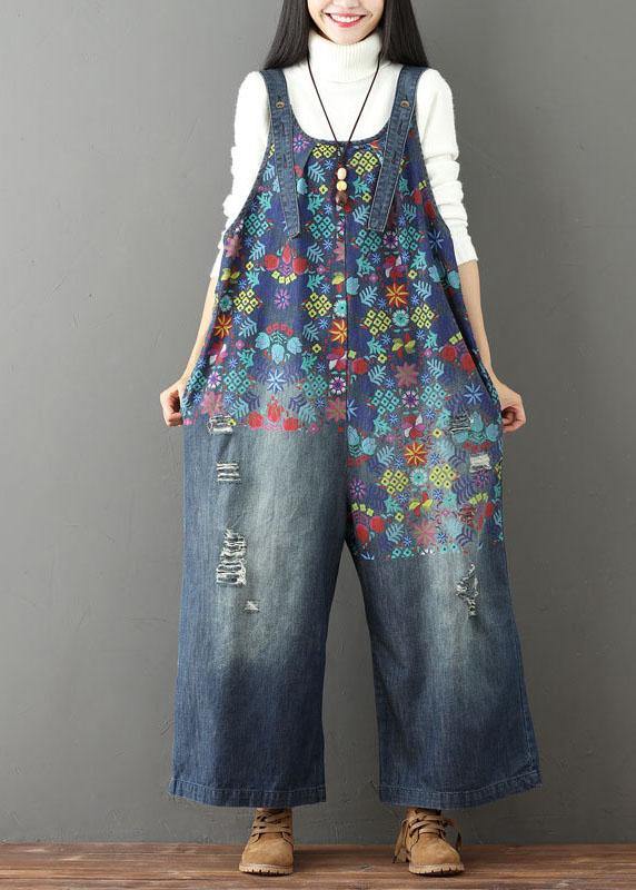 Blue Print Wide Leg Fall Romper Denim