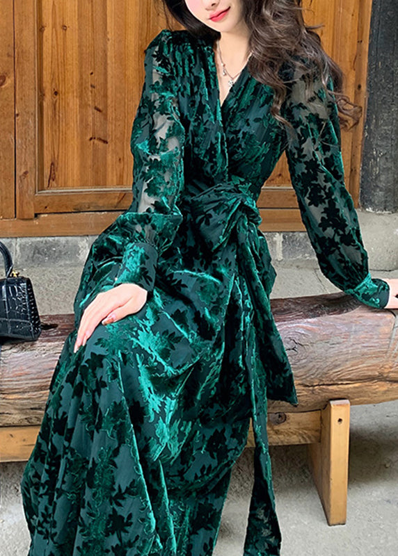 Diy Green V Neck Print Silk Velour Tie Waist Maxi Dresses Fall