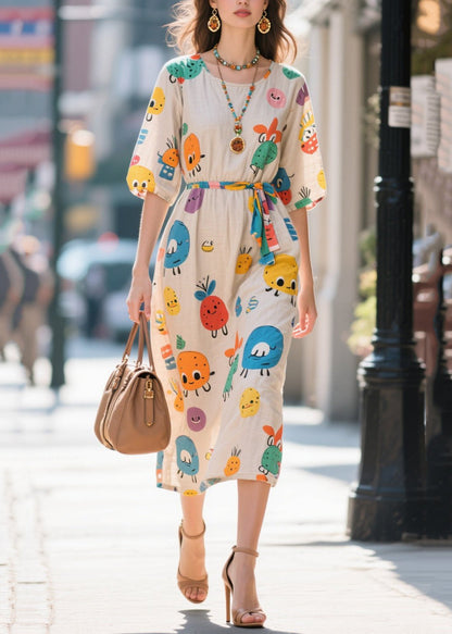 Novelty Apricot Cartoon Print Cotton Dresses Summer