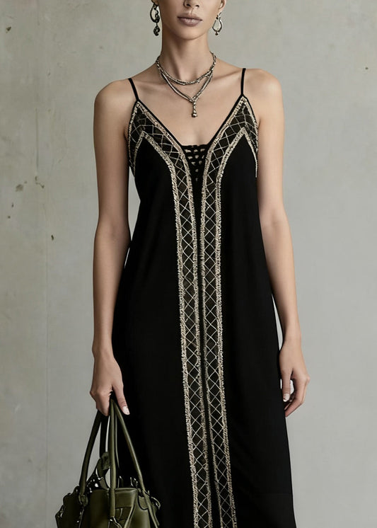 Slim Fit Black Backless Plaid Spaghetti Strap Dress Sleeveless