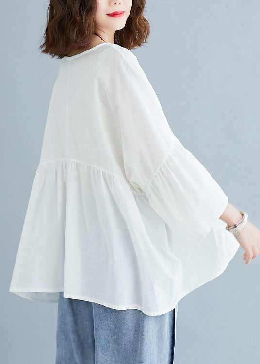 White V Neck Patchwork Loose Fall Tops Half Sleeve