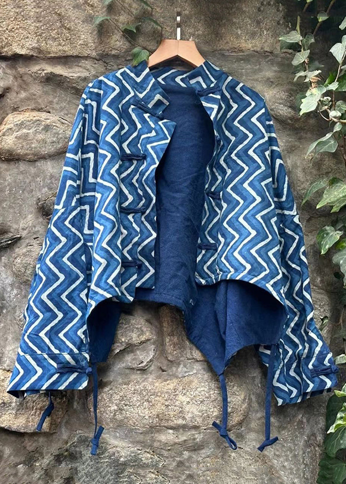 Blue Button Print Patchwork Cotton Coat Fall