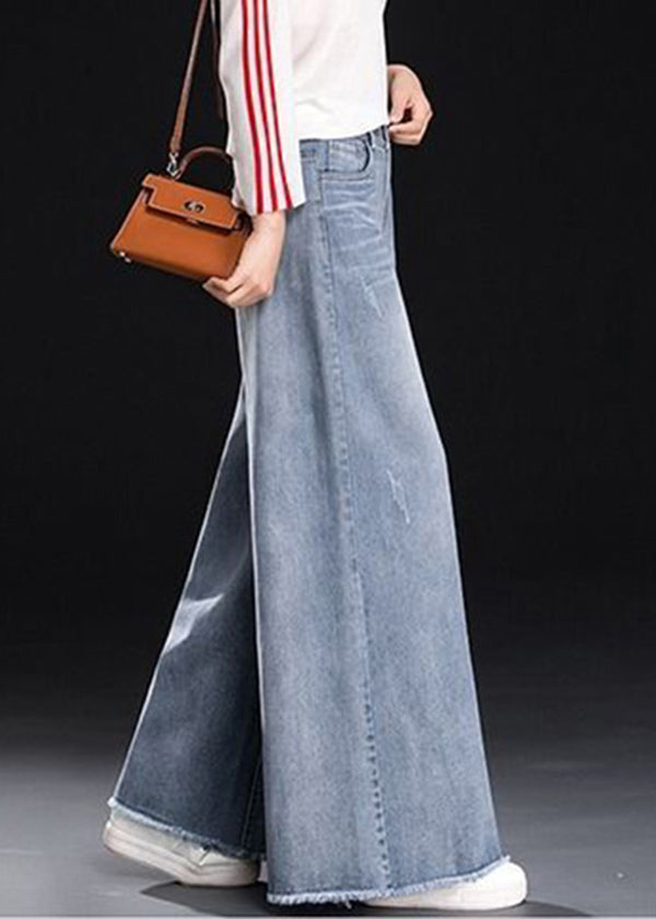 Light Blue High Waist Pockets Tassel Cotton Denim Wide Leg Pants Summer