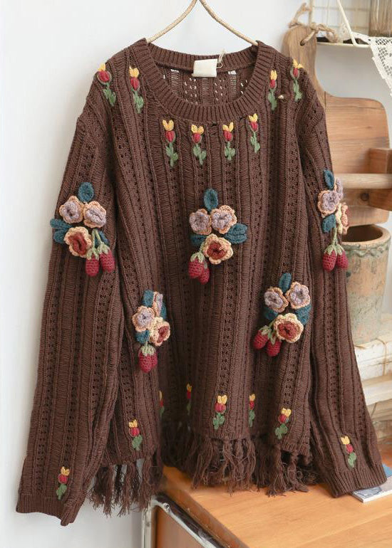 Beige Tasseled Hollow Out Knit Sweaters Spring