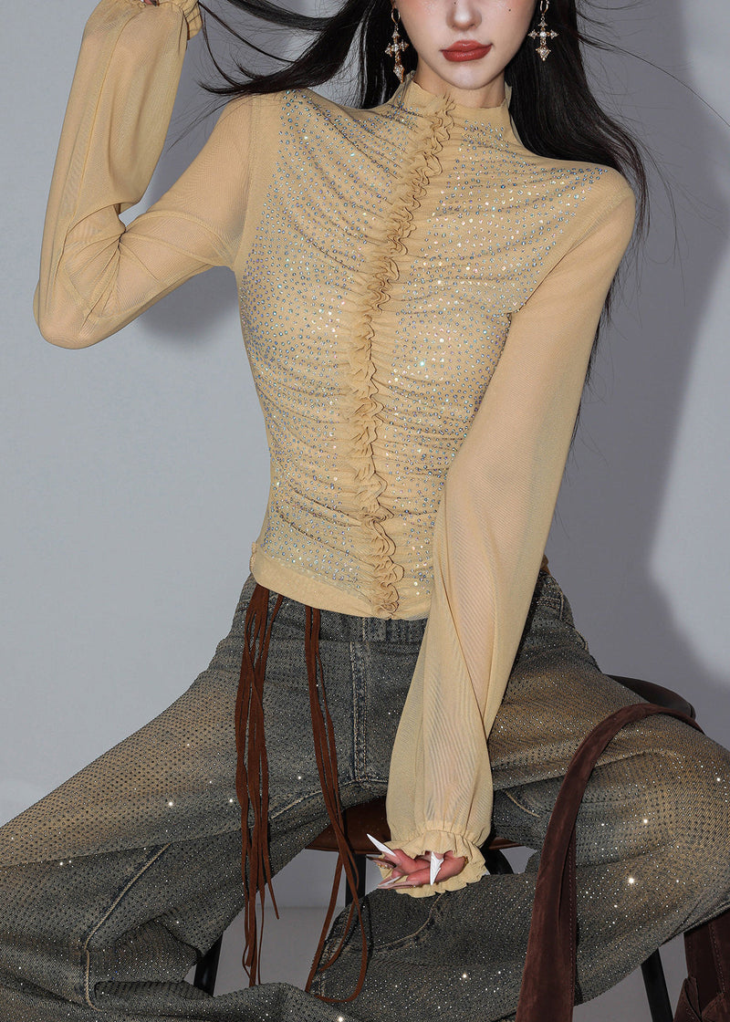 Stylish Khaki Ruffled Zircon Tulle Top Spring